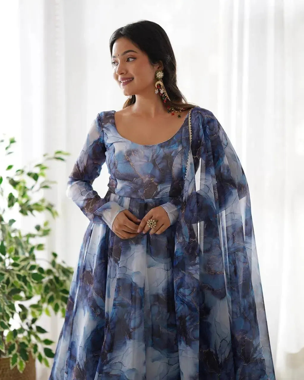 Organza Silk Marble Print Anarkali Set with Dupatta & Pant – Gota Patti Detailing