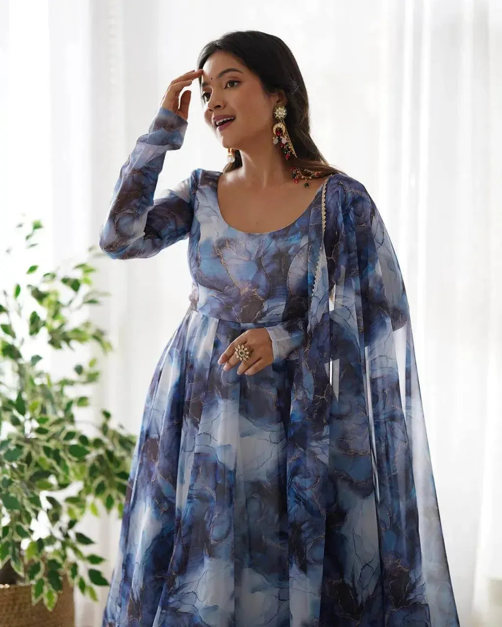 Organza Silk Marble Print Anarkali Set with Dupatta & Pant – Gota Patti Detailing