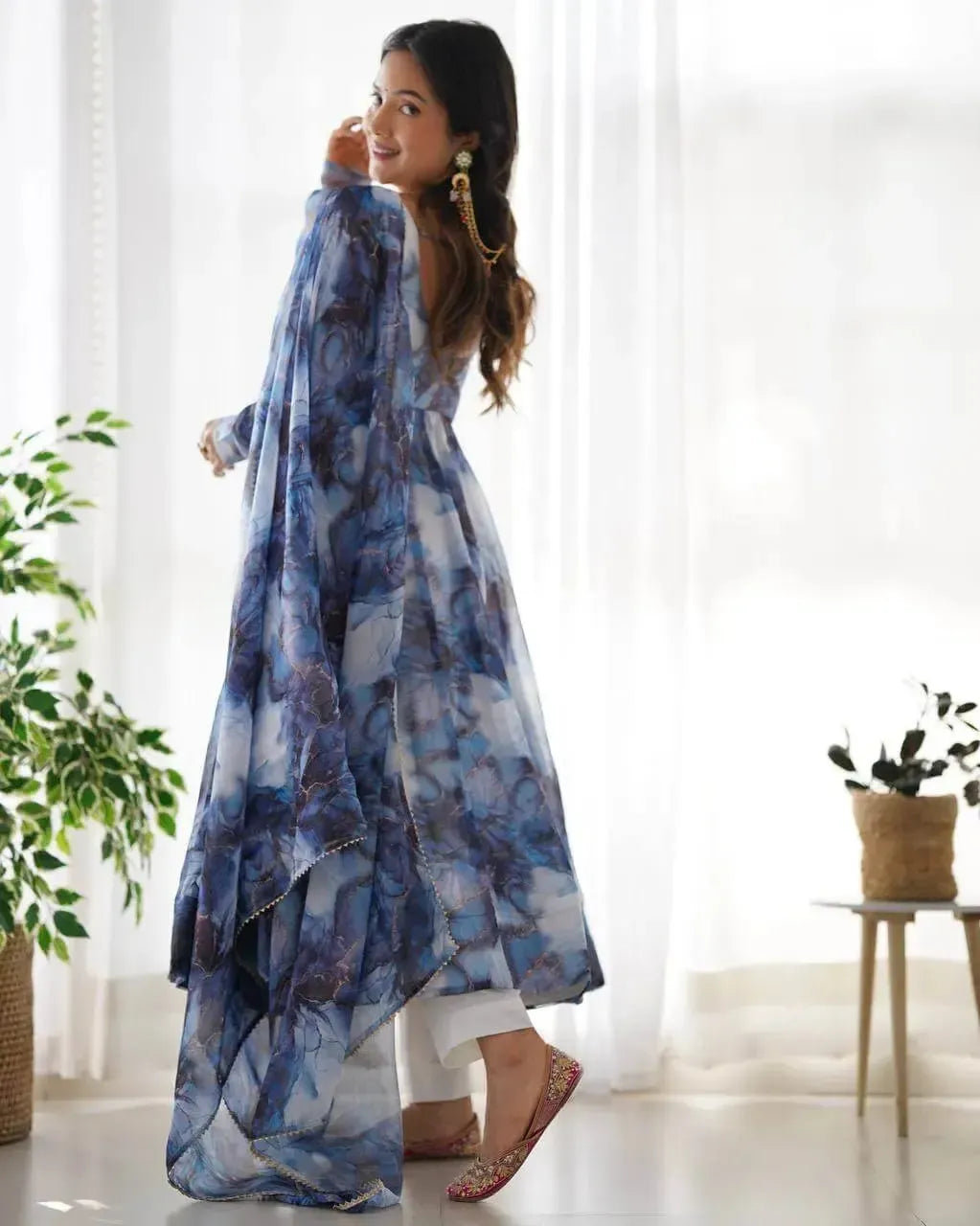 Organza Silk Marble Print Anarkali Set with Dupatta & Pant – Gota Patti Detailing