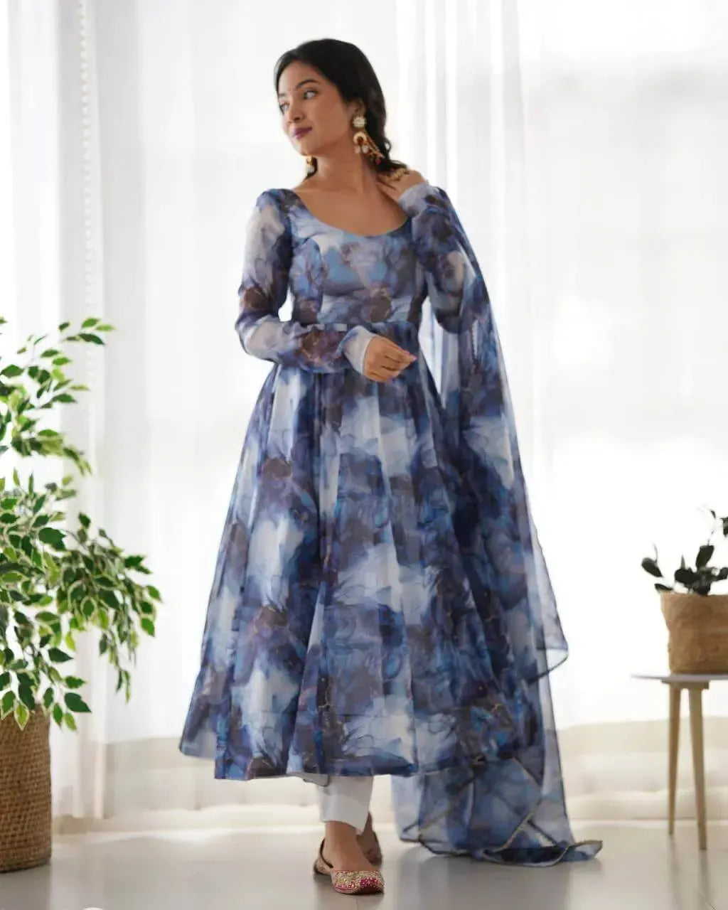 Organza Silk Marble Print Anarkali Set with Dupatta & Pant – Gota Patti Detailing