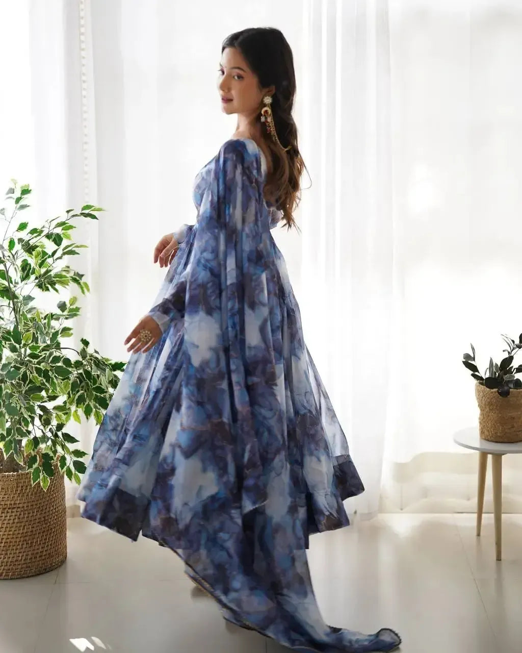 Organza Silk Marble Print Anarkali Set with Dupatta & Pant – Gota Patti Detailing