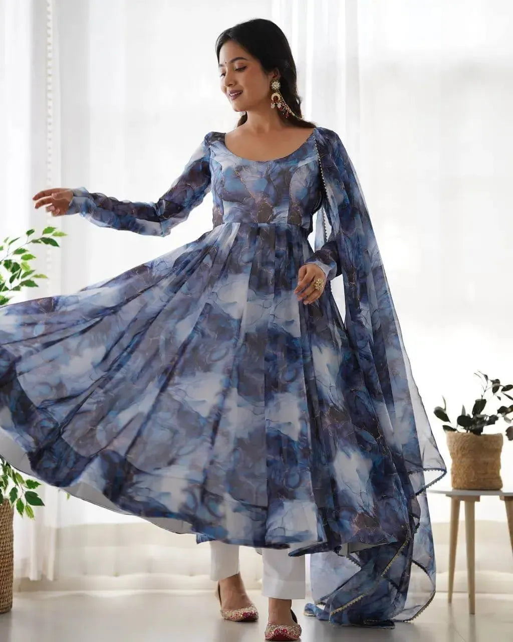 Organza Silk Marble Print Anarkali Set with Dupatta & Pant – Gota Patti Detailing
