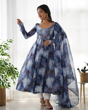 Organza Silk Marble Print Anarkali Set with Dupatta & Pant – Gota Patti Detailing