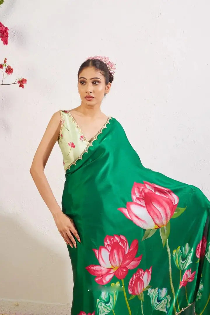 Organza Silk Printed Saree with Handwork Border