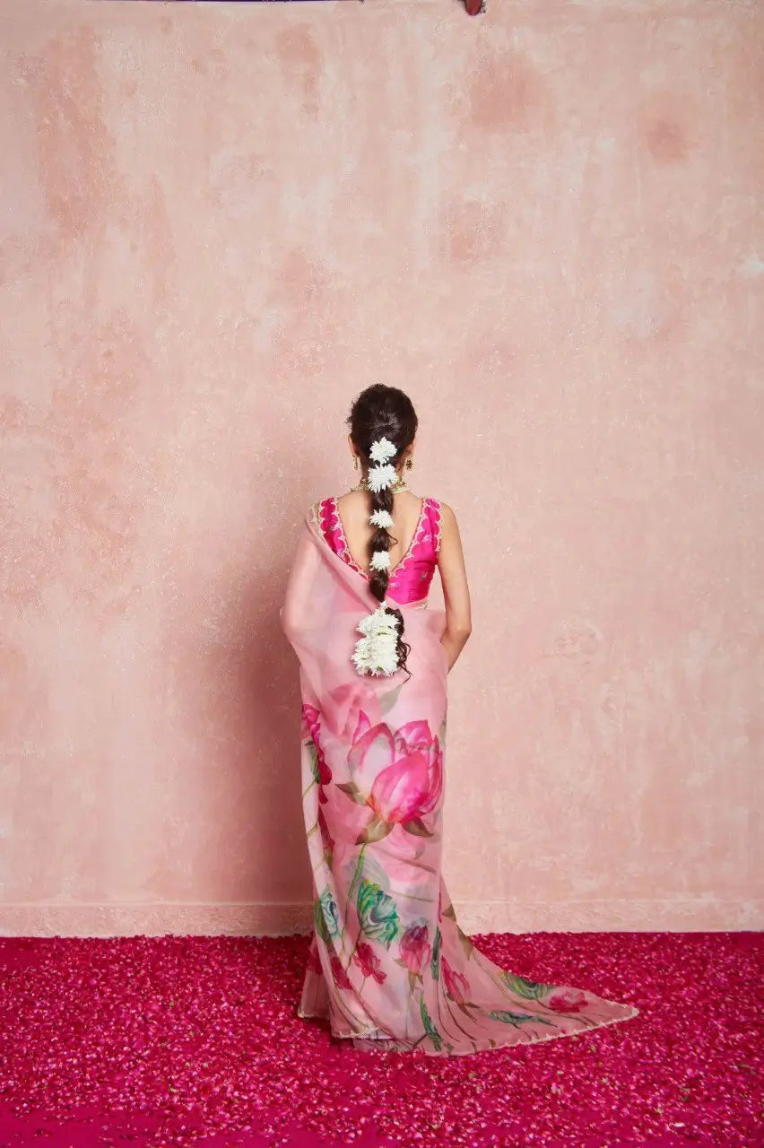 Organza Silk Printed Saree with Handwork Border