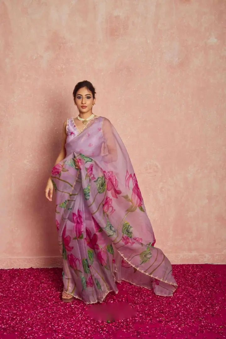 Organza Silk Printed Saree with Handwork Border