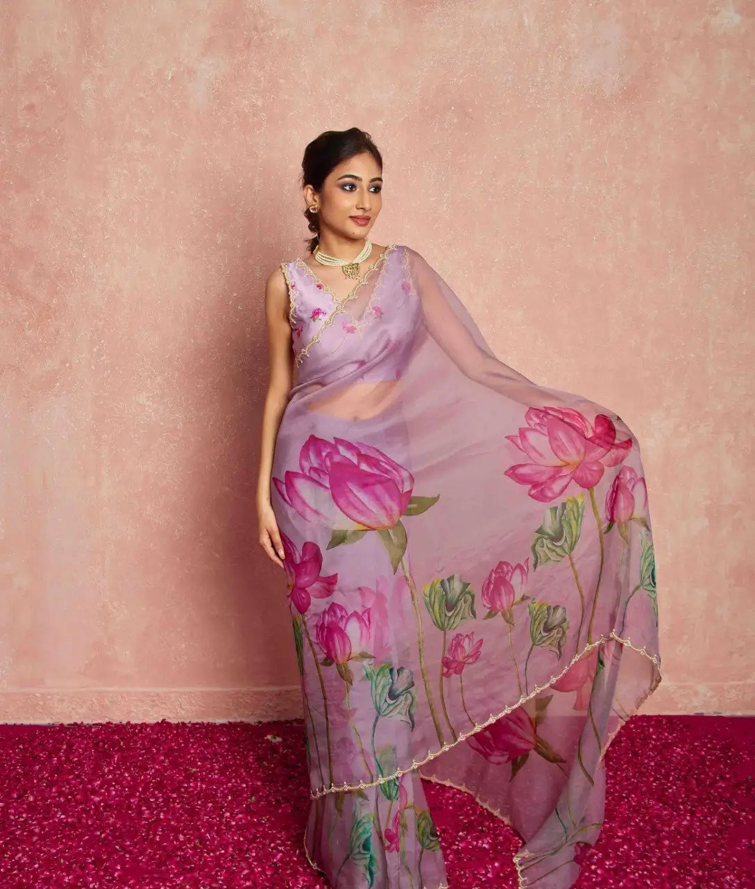 Organza Silk Printed Saree with Handwork Border