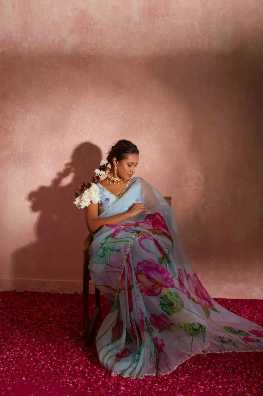 Organza Silk Printed Saree with Handwork Border