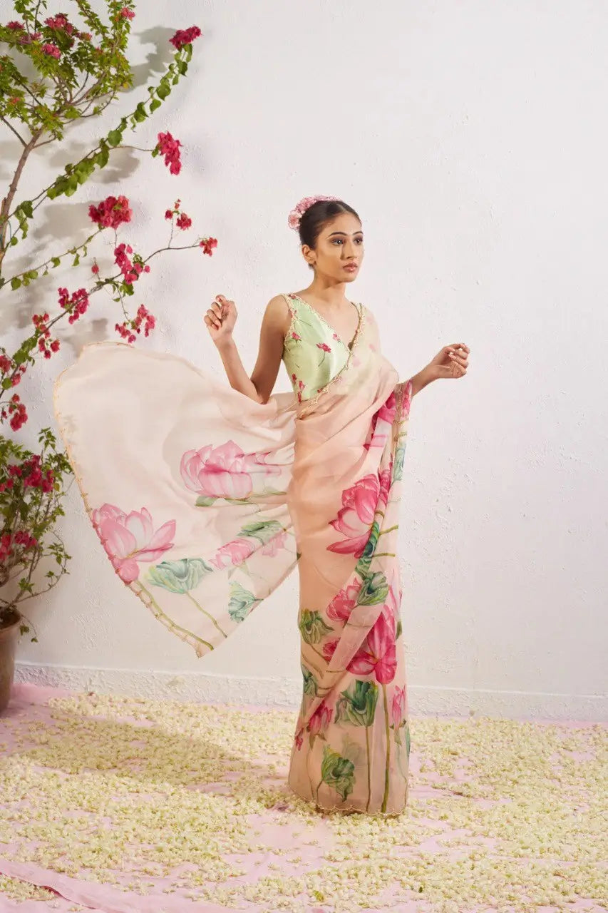 Organza Silk Printed Saree with Handwork Border
