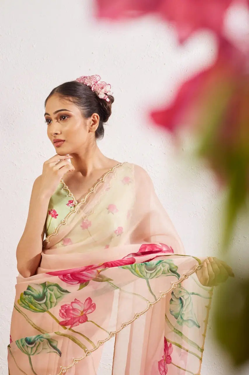 Organza Silk Printed Saree with Handwork Border