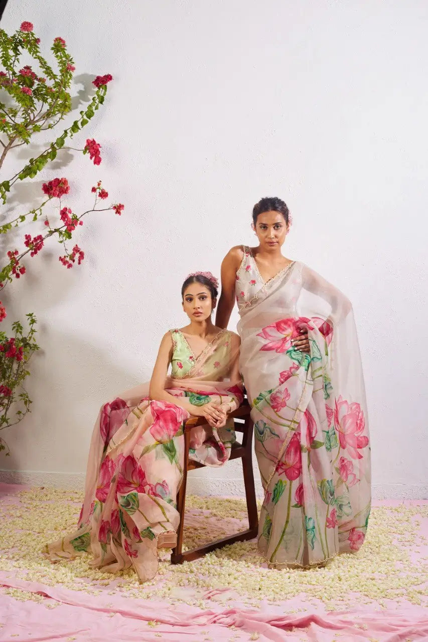 Organza Silk Printed Saree with Handwork Border