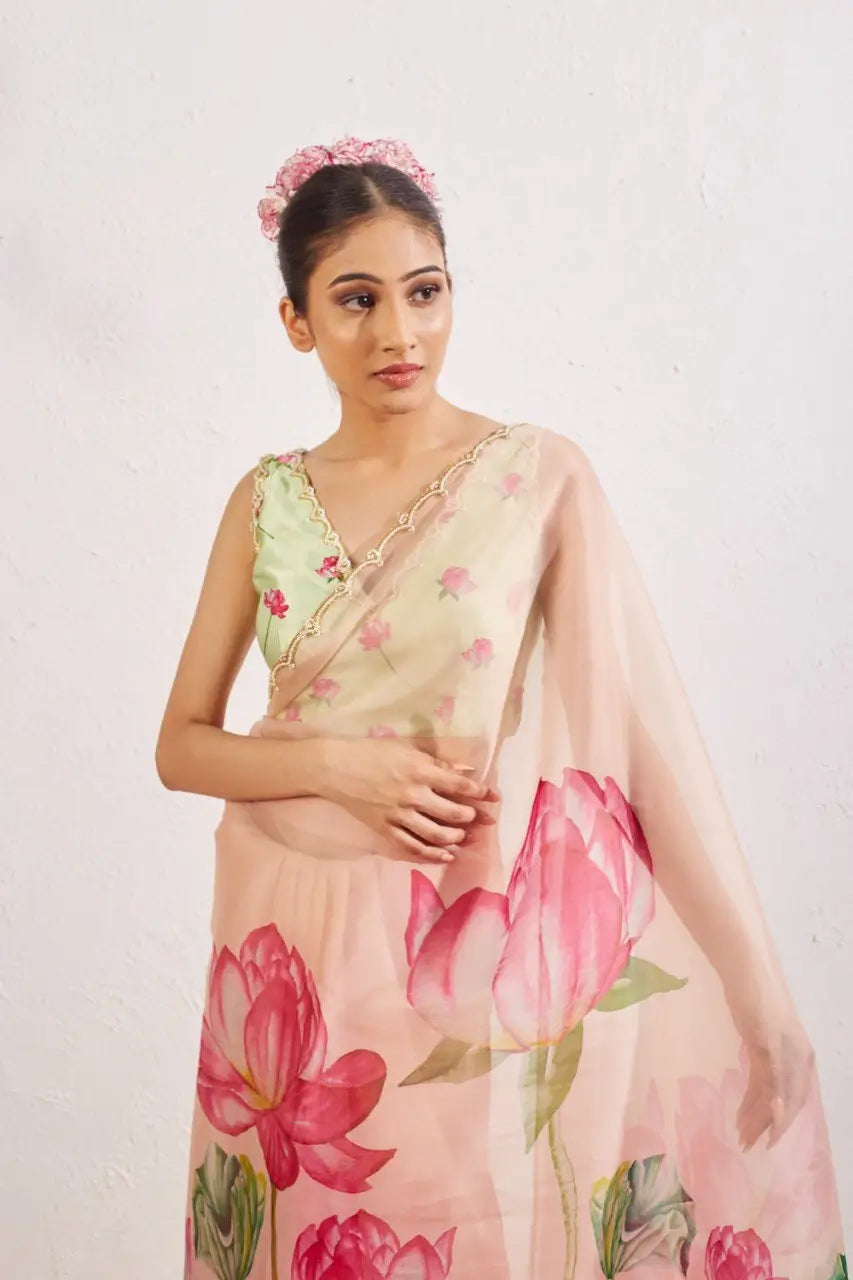 Organza Silk Printed Saree with Handwork Border