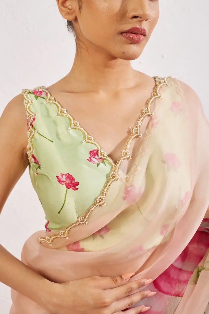 Organza Silk Printed Saree with Handwork Border