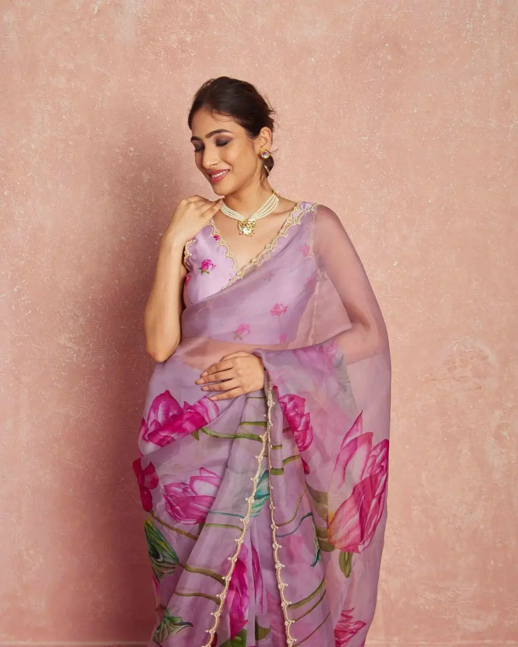 Organza Silk Printed Saree with Handwork Border
