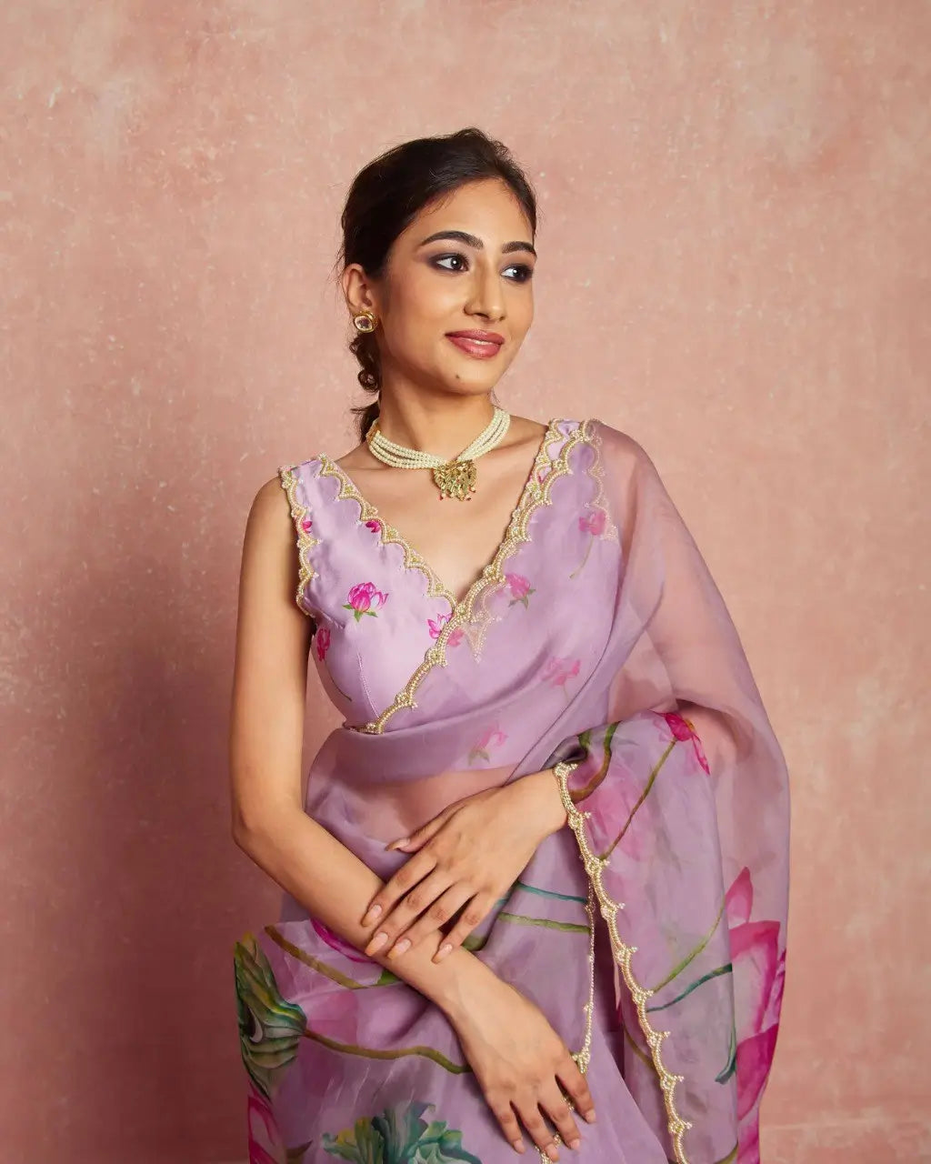 Organza Silk Printed Saree with Handwork Border