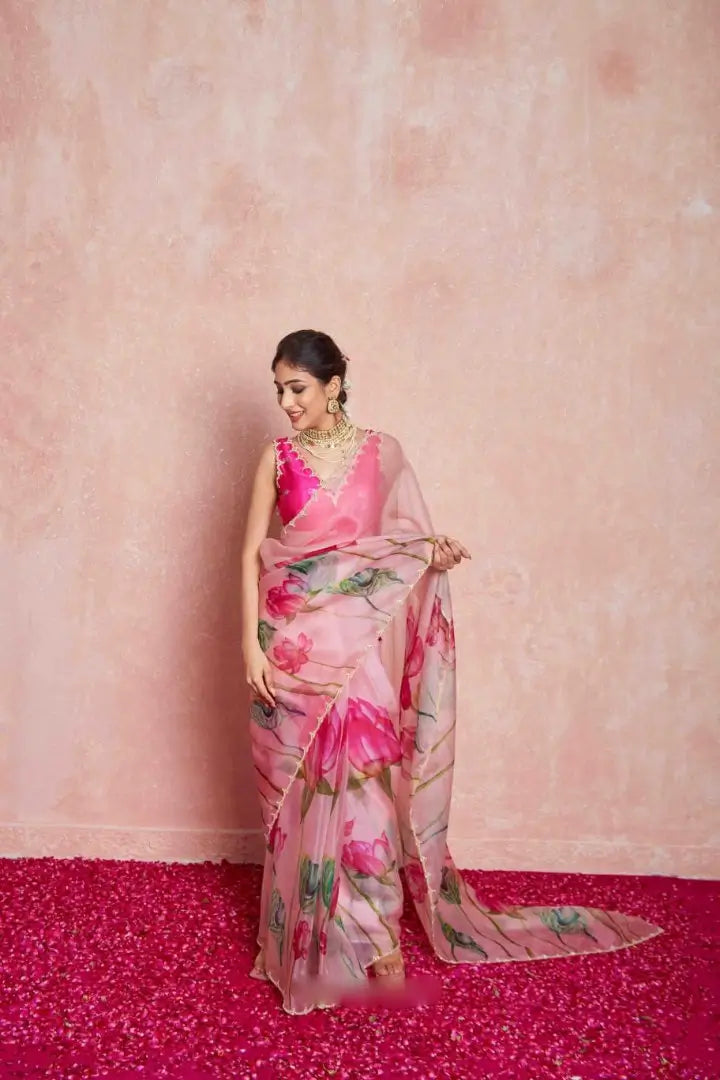 Organza Silk Printed Saree with Handwork Border