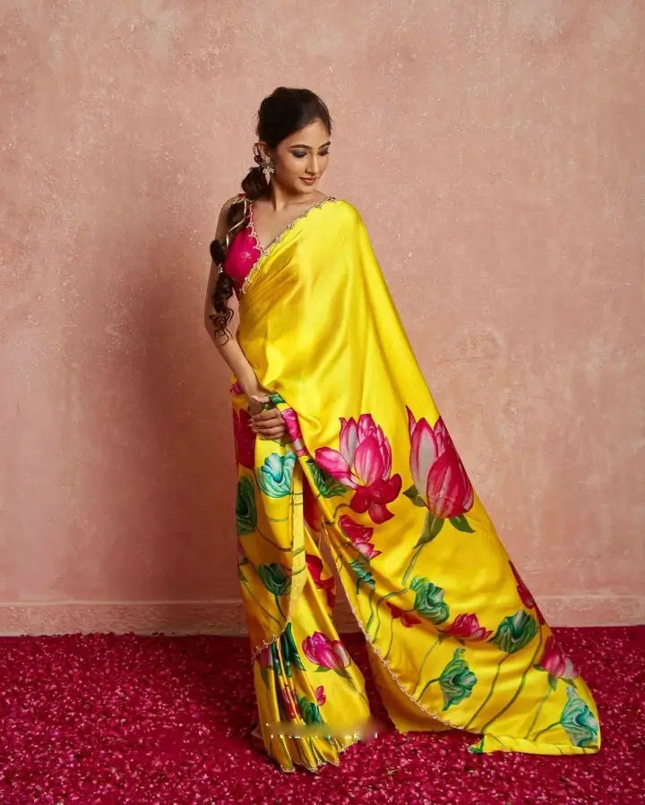 Organza Silk Printed Saree with Handwork Border