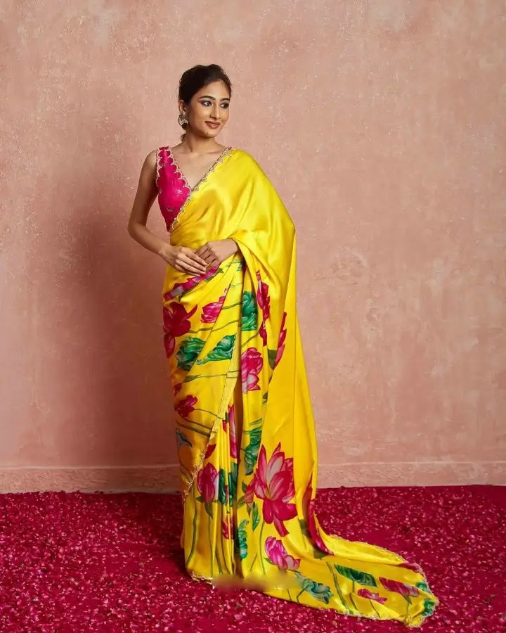 Organza Silk Printed Saree with Handwork Border