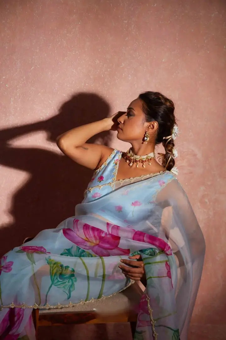 Organza Silk Printed Saree with Handwork Border