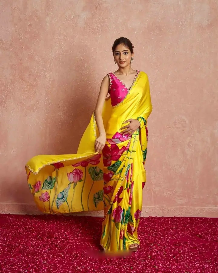 Organza Silk Printed Saree with Handwork Border