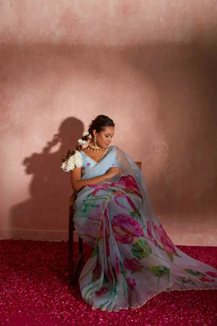 Organza Silk Printed Saree with Handwork Border