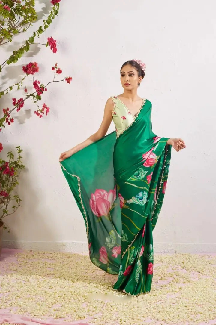 Organza Silk Printed Saree with Handwork Border