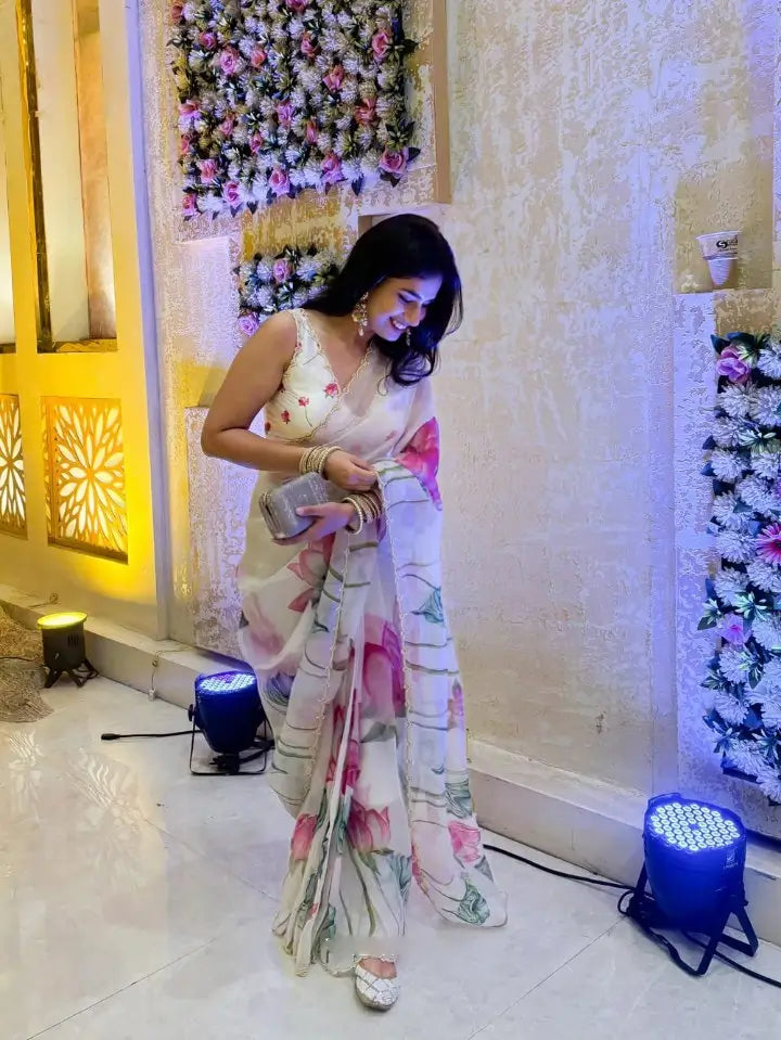 Organza Silk Printed Saree with Handwork Border