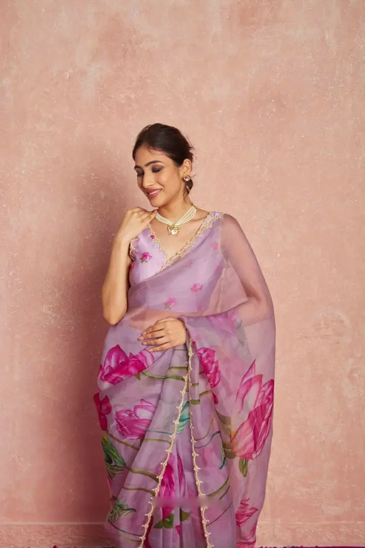 Organza Silk Printed Saree with Handwork Border