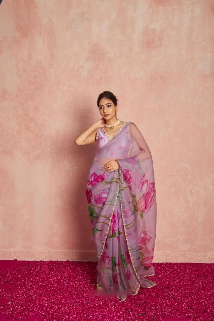 Organza Silk Printed Saree with Handwork Border
