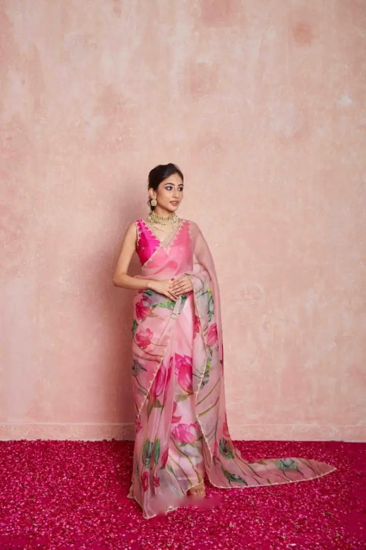 Organza Silk Printed Saree with Handwork Border