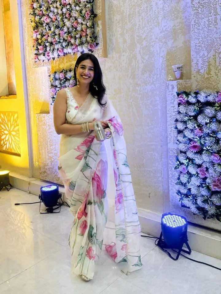 Organza Silk Printed Saree with Handwork Border