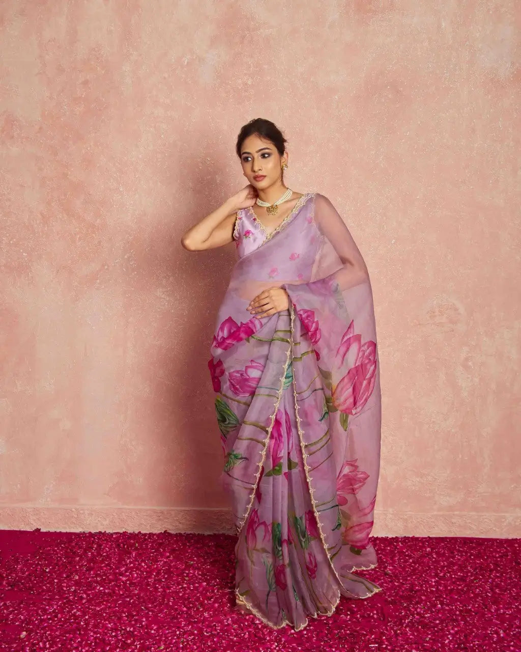 Organza Silk Printed Saree with Handwork Border
