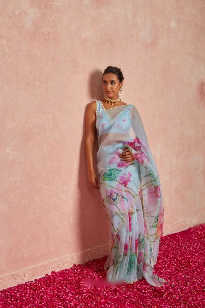 Organza Silk Printed Saree with Handwork Border