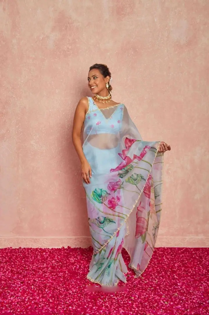Organza Silk Printed Saree with Handwork Border