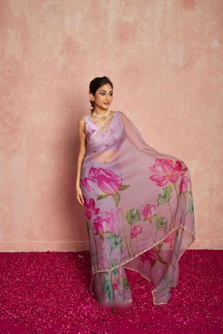 Organza Silk Printed Saree with Handwork Border