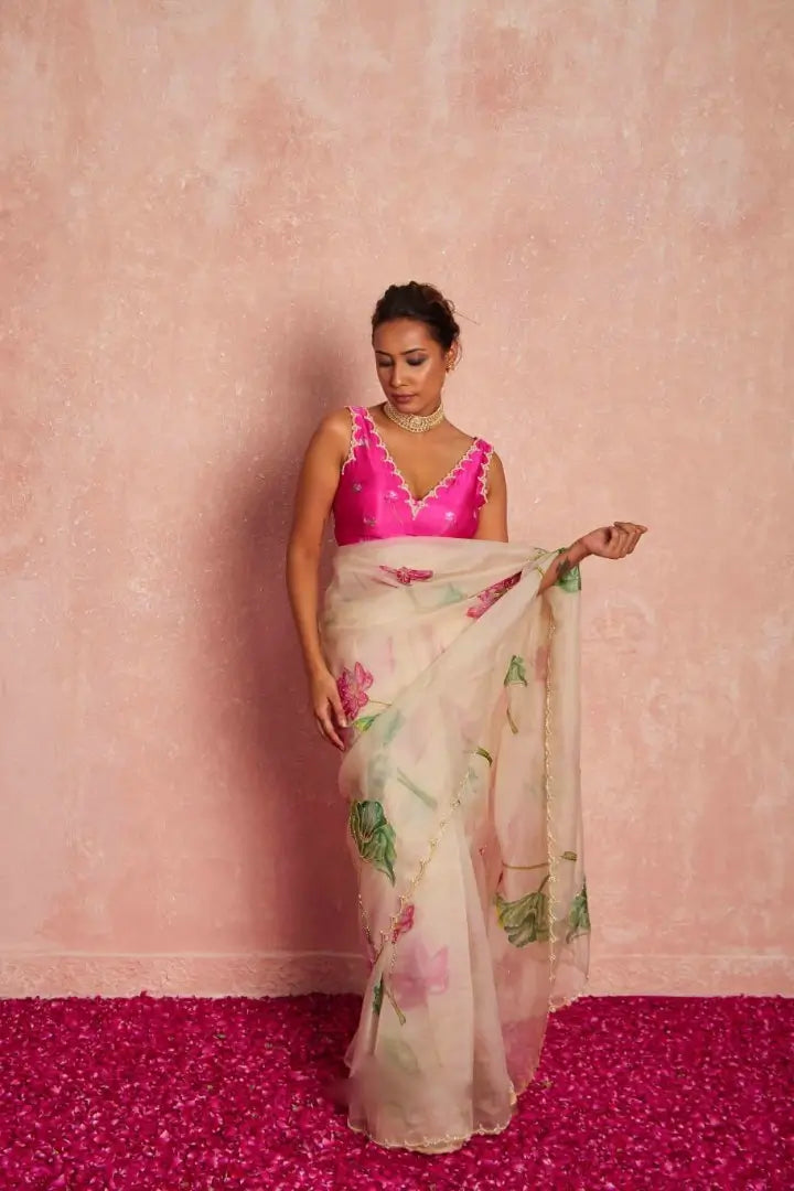 Organza Silk Printed Saree with Handwork Border