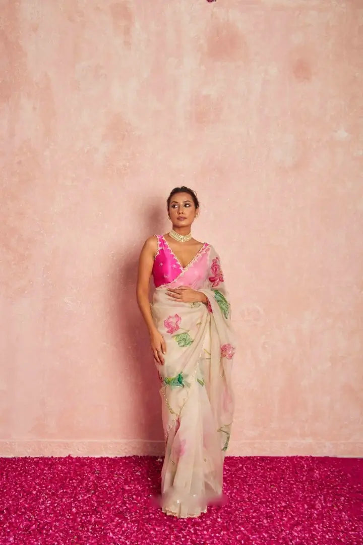 Organza Silk Printed Saree with Handwork Border
