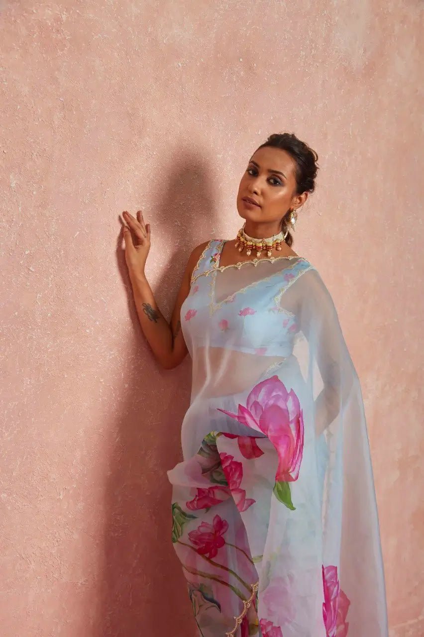 Organza Silk Printed Saree with Handwork Border