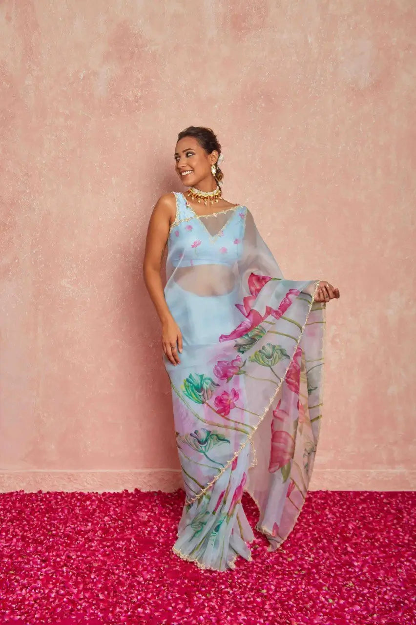 Organza Silk Printed Saree with Handwork Border