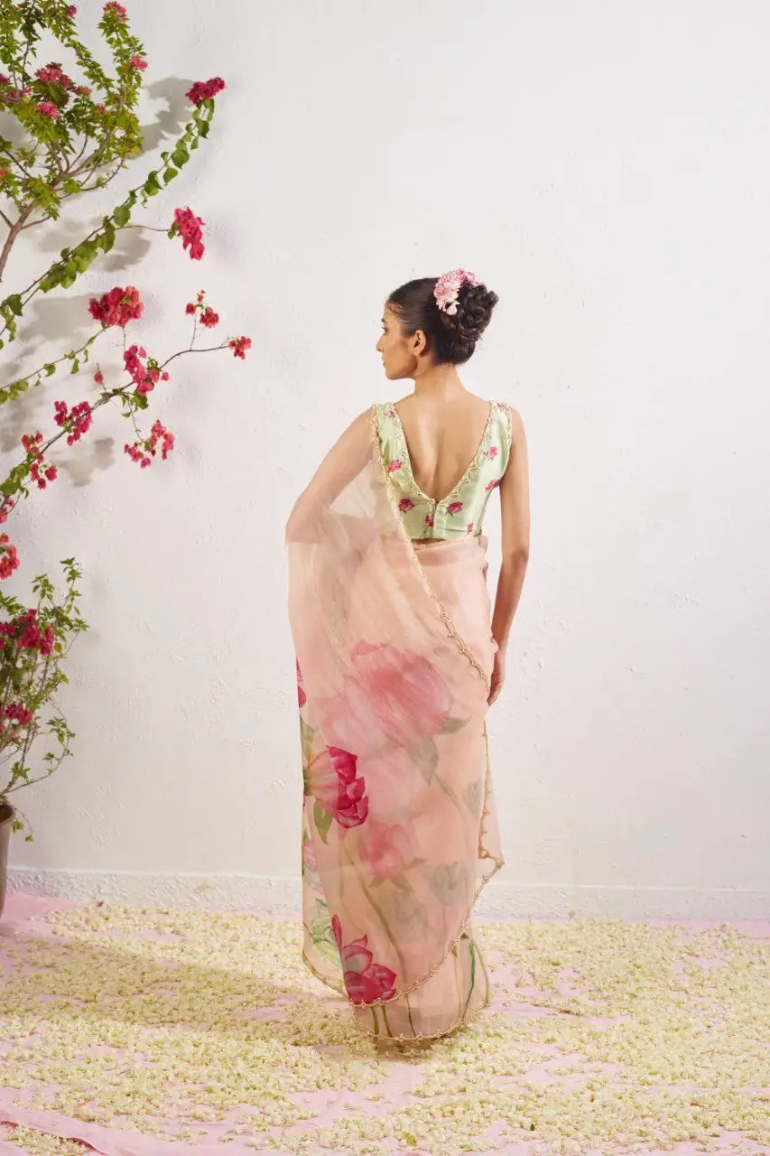 Organza Silk Printed Saree with Handwork Border