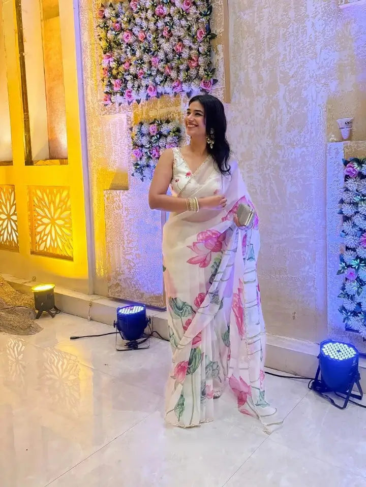 Organza Silk Printed Saree with Handwork Border