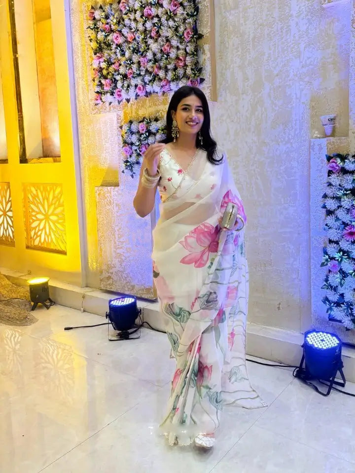 Organza Silk Printed Saree with Handwork Border