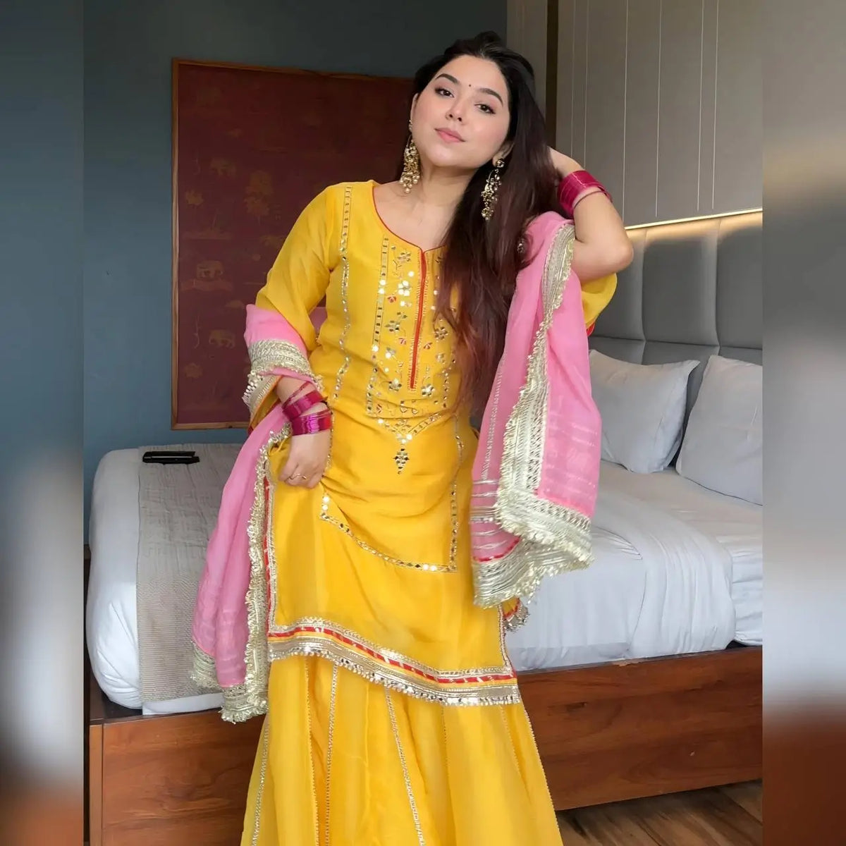 Organza Silk Sharara Set With Mirror Embroidery