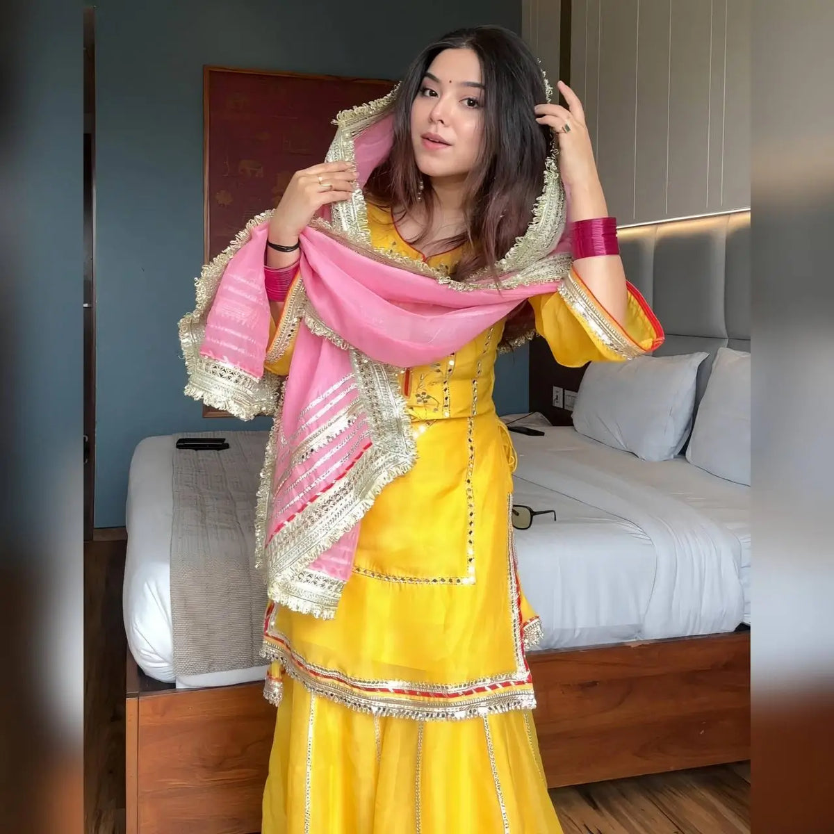 Organza Silk Sharara Set With Mirror Embroidery