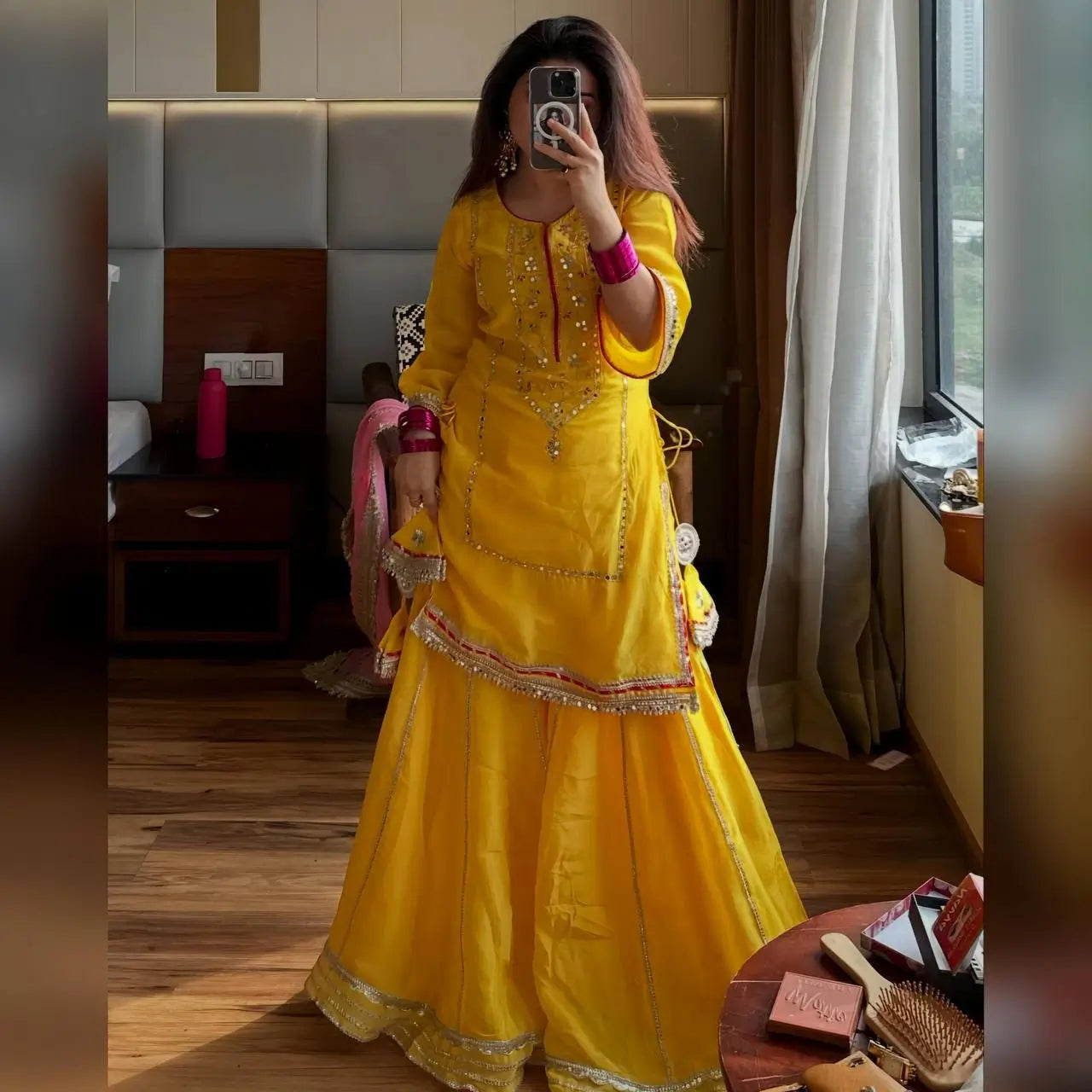 Organza Silk Sharara Set With Mirror Embroidery
