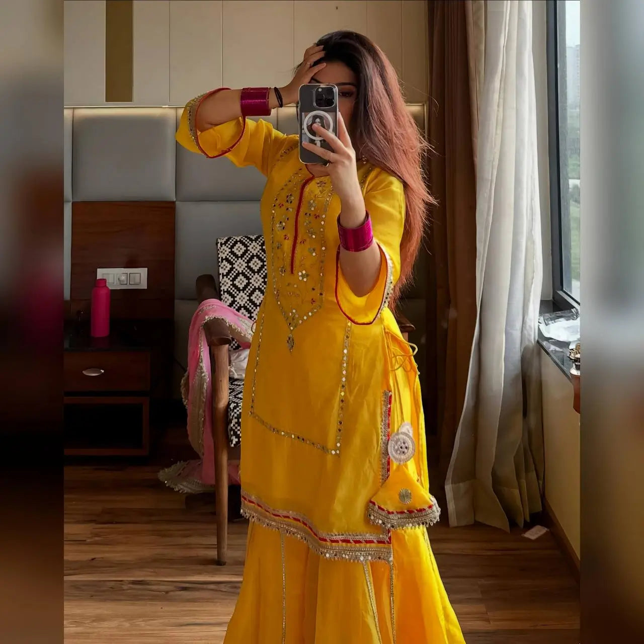 Organza Silk Sharara Set With Mirror Embroidery