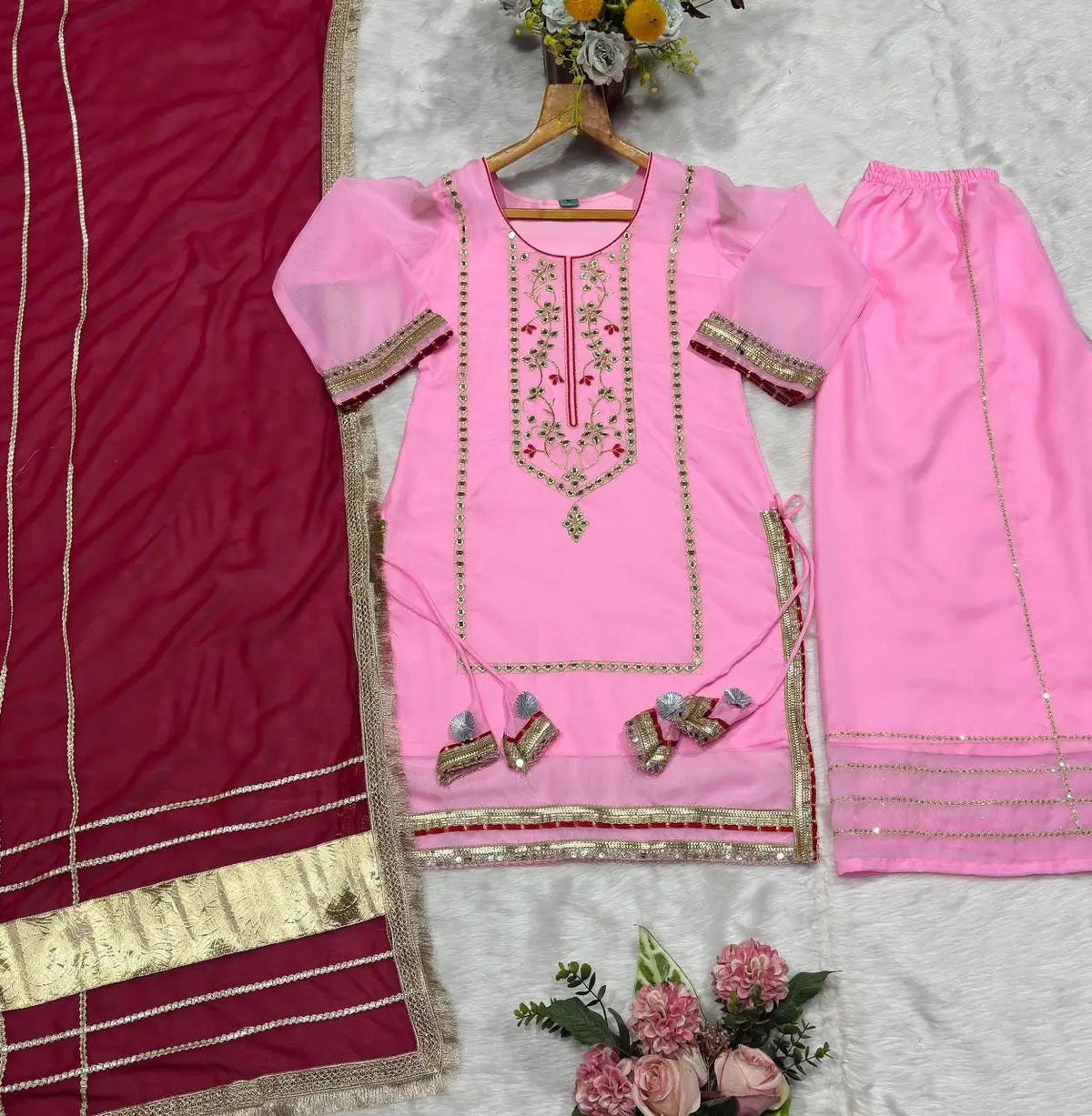 Organza Silk Sharara Set With Mirror Embroidery