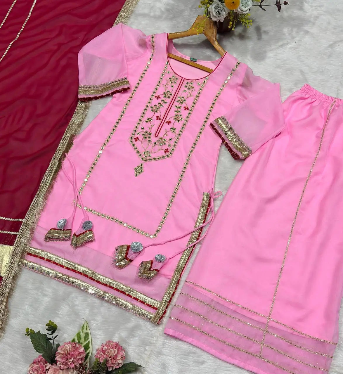 Organza Silk Sharara Set With Mirror Embroidery