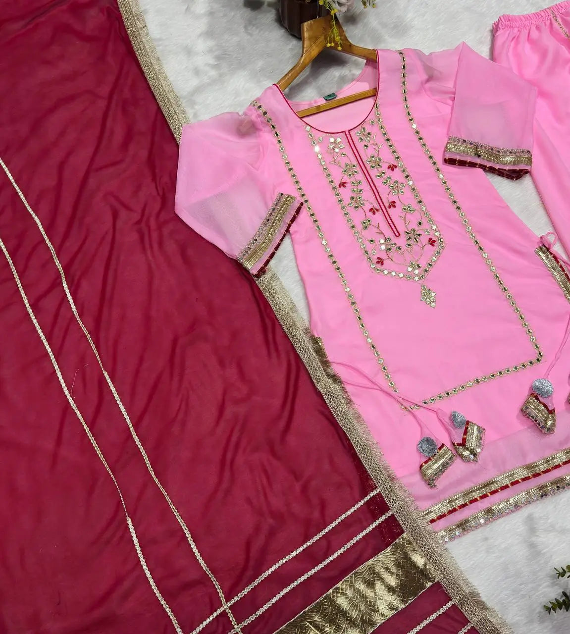 Organza Silk Sharara Set With Mirror Embroidery
