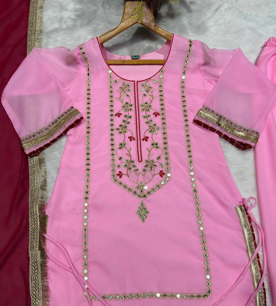 Organza Silk Sharara Set With Mirror Embroidery